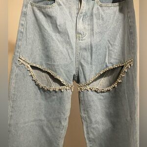 Pants with Rhinestone Cutouts Legs New Never Worn Heart Bottom Blue Jeans Denim